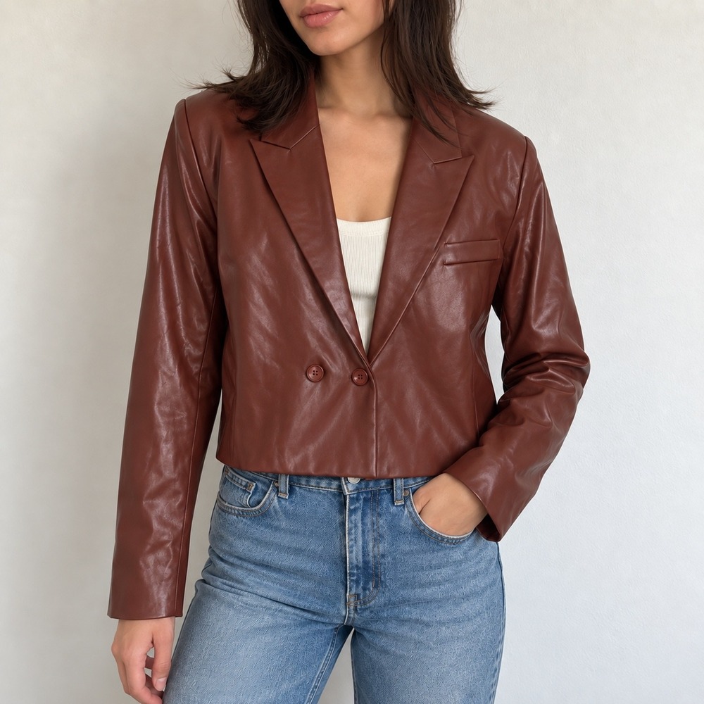 Area Stars Brown Faux Leather Cropped Blazer Large Indie Moto Fall Jacket